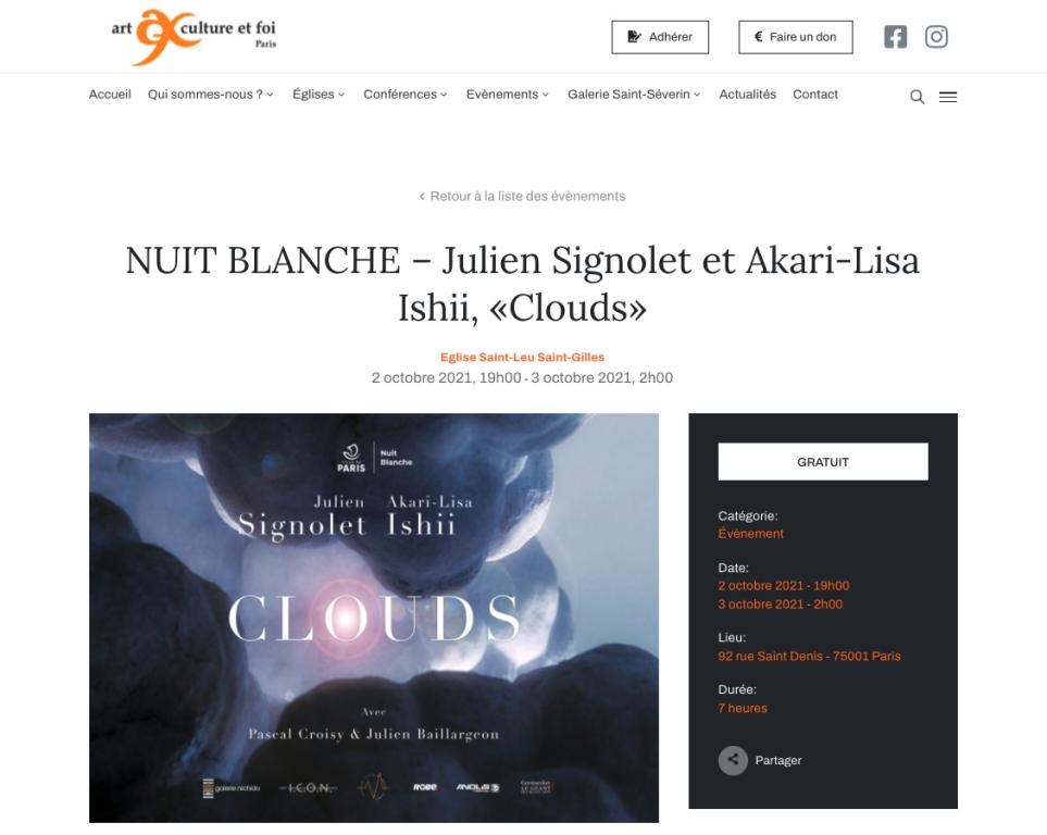 Art, Culture et Foi NUIT BLANCHE – Julien Signolet et Akari-Lisa Ishii, «Clouds»