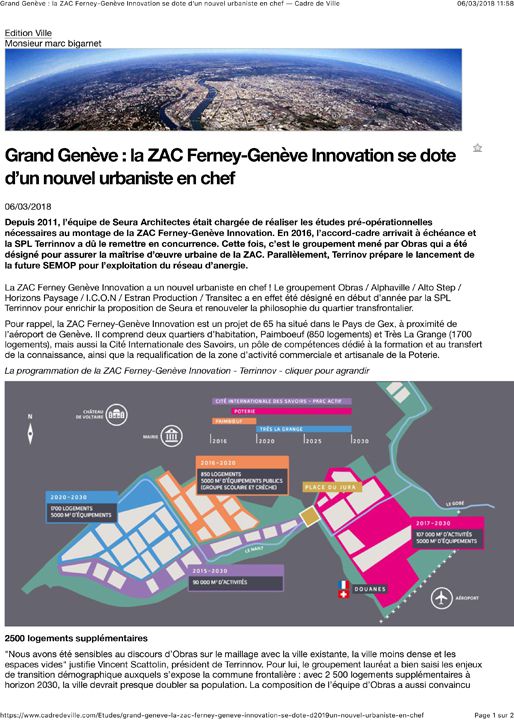 Cadre de ville Grand Genève : la ZAC Ferney-Genève Innovation se dote
 d’un nouvel urbaniste en chef