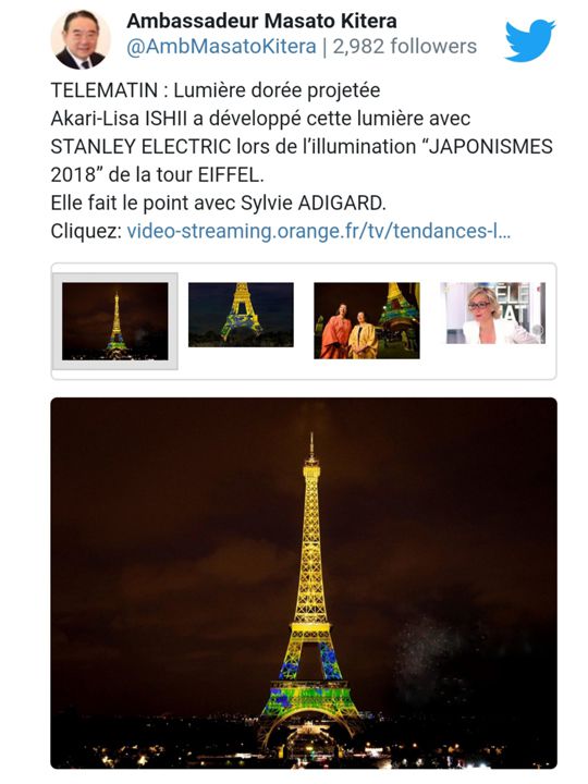 Tweet de Mr l'Ambassadeur Masato Kitera Telematin:Lumière dorée projetée