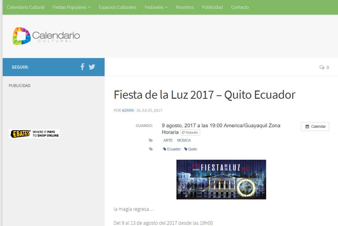 Calendario cultural Fiesta de la Luz 2017 – Quito Ecuador
