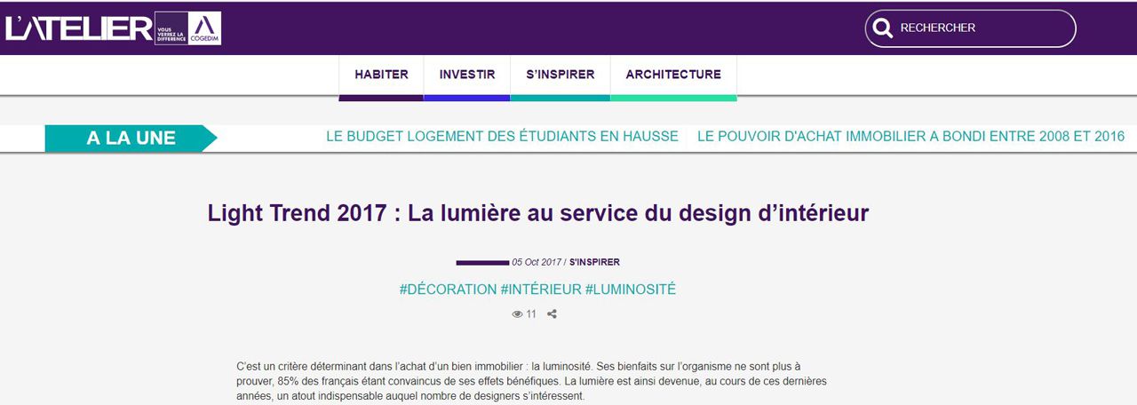 L'atelier cogedim Light Trend 2017 : La lumière au service du design d’intérieur