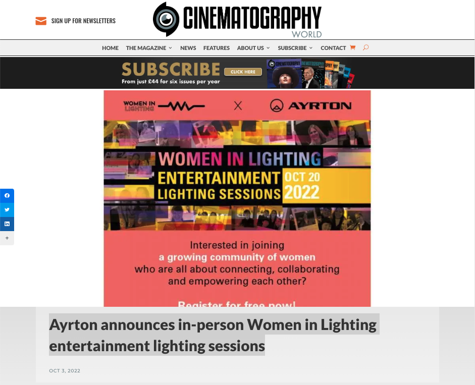 Cinematography Ayrton announces in-person Women in Lighting entertainment lighting sessions