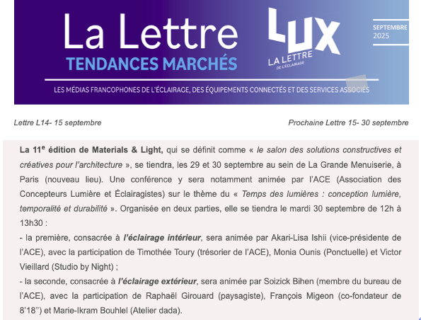 La lettre LUX La 11e édition de Materials & Light