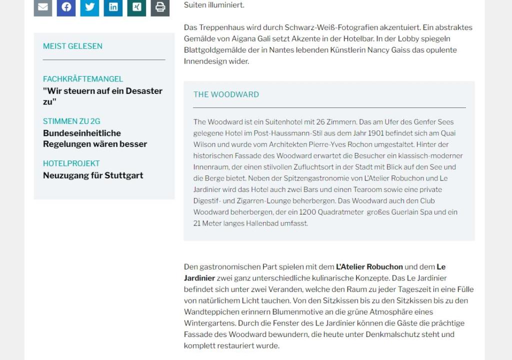 ahgz Die Oetker Collection eröffnet am 1. September The Woodward, das erste All-Suite-Hotel im Herzen von Genf.